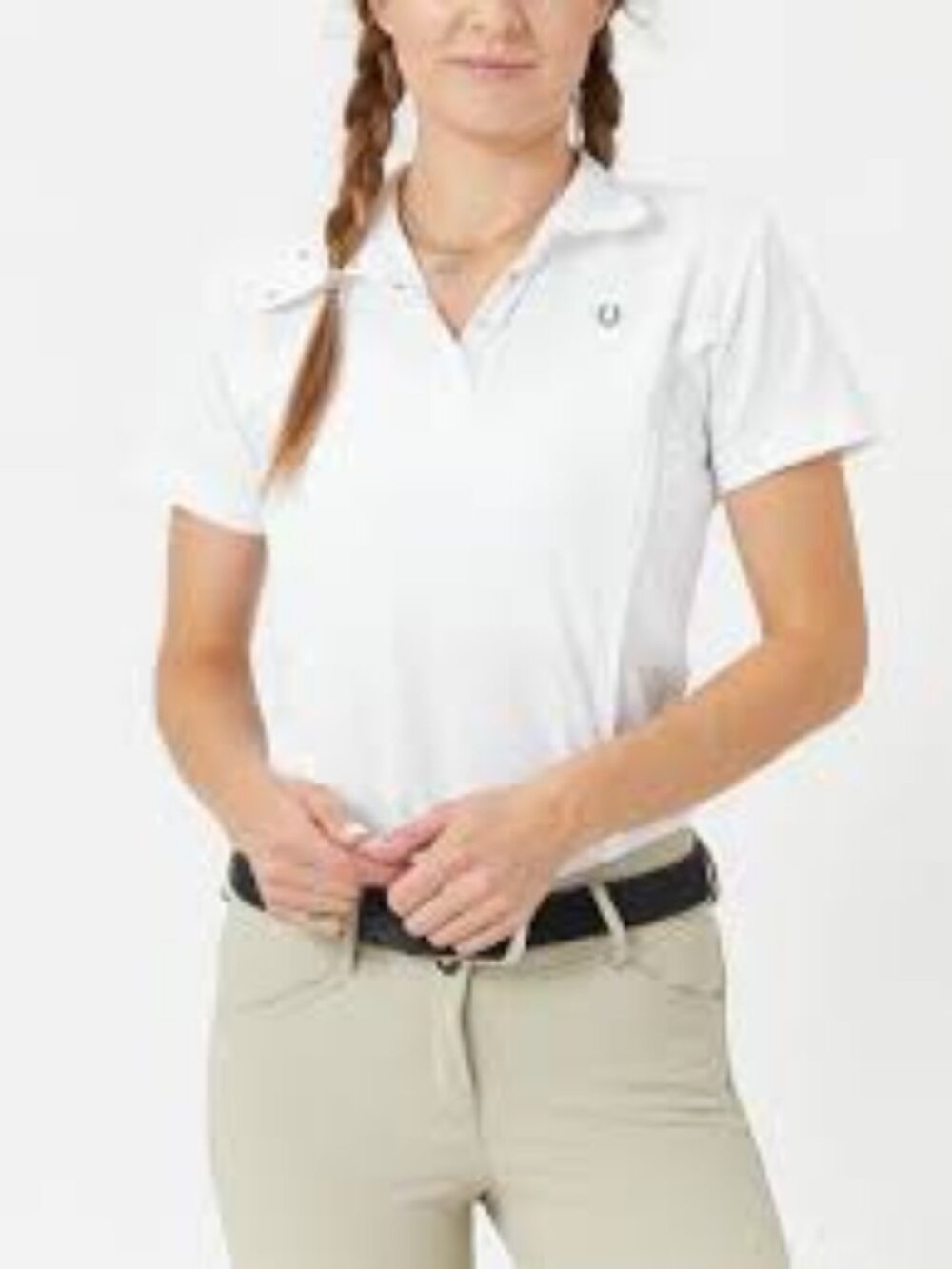 TuffRider  Women's Kirby Kwik Dry Short Sleeve Show Shirt  White w/ Glacier Blue